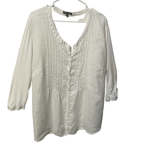 FOR Cynthia 100% Linen White Pleated Button Down V Neck Top - Picture 1 of 6
